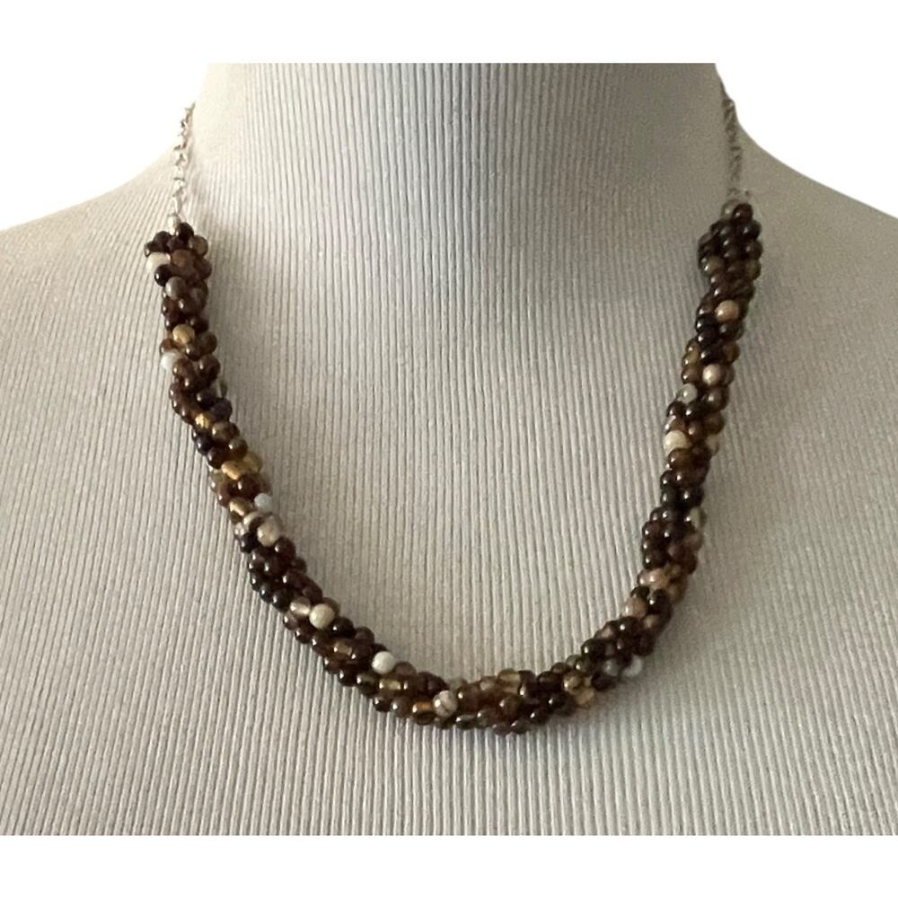JTV New Chocolate Brown Banded Agate Knitted Necklace Sterling Silver NIB Box